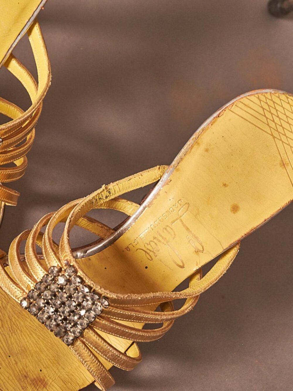 1950s Shiny Gold and Jeweled Strapy Heels Petite Shoes